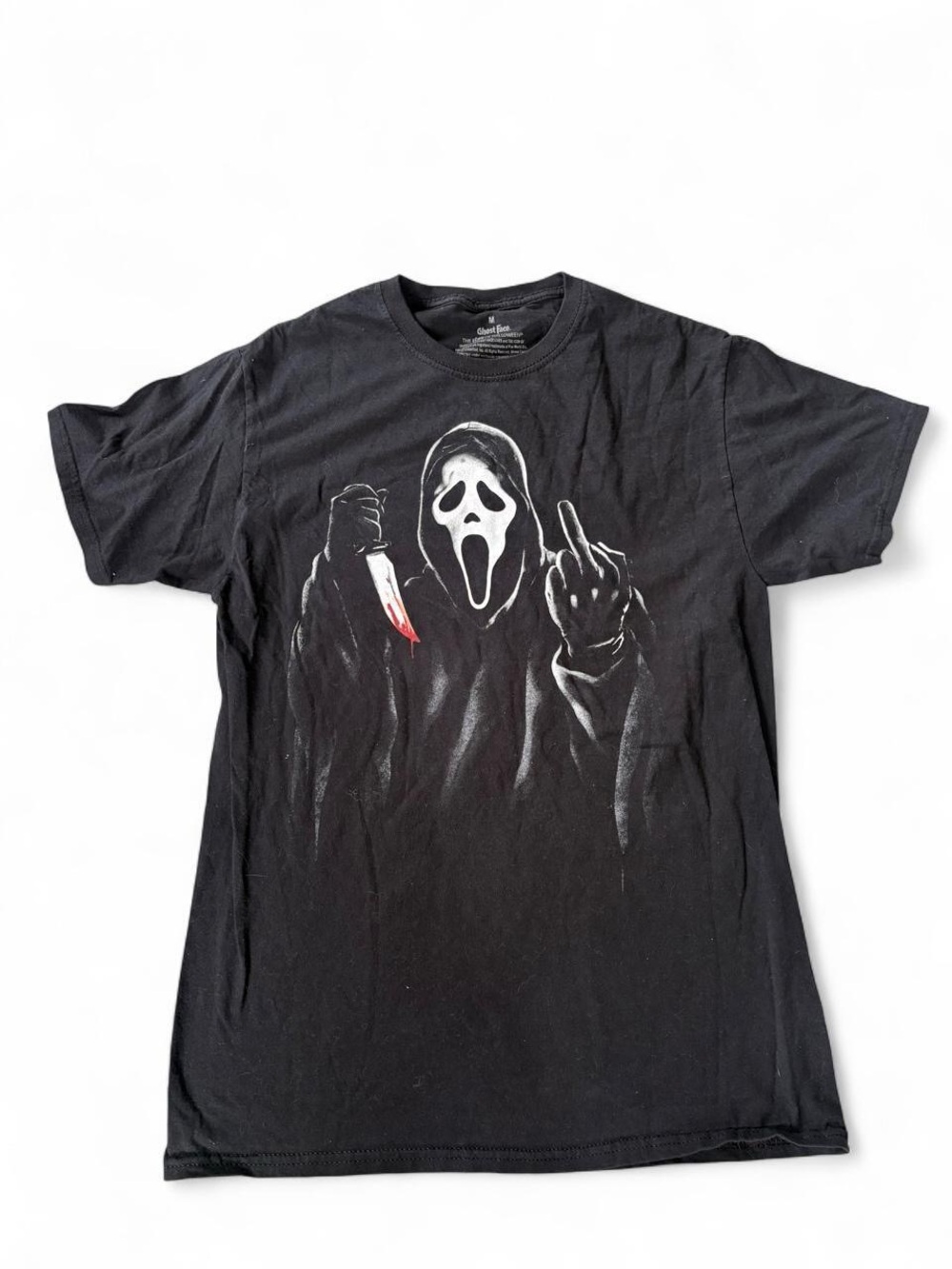 Black Scream Mask Graphic Tee with Red Knife Accent